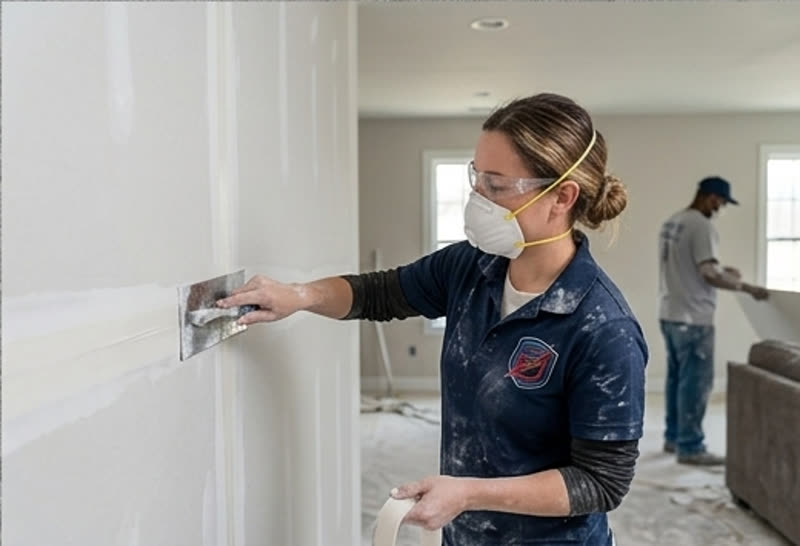 Prentiss Drywall crew member finishing a taped seam with a trowel