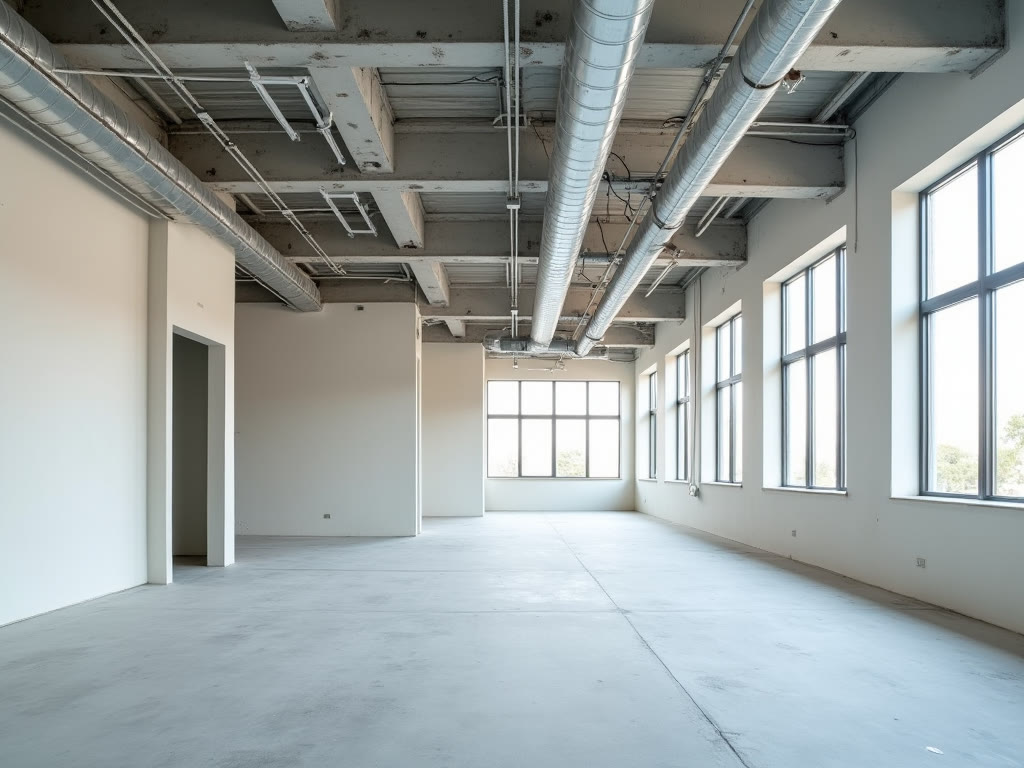 Freshly finished commercial office buildout with new drywall walls and exposed ceiling infrastructure